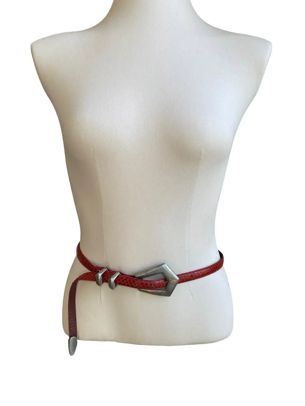 Vtg MZ Accessories of NY Red Genuine Snakeskin Western Belt Silver Buckle Size M